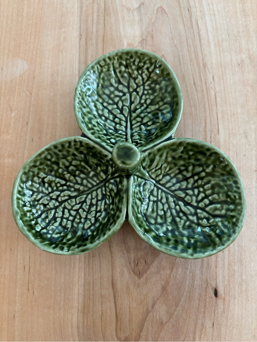 Vintage Olfaire Green Cabbage Leaf Triple Serving Dish - Decorative Snack Server